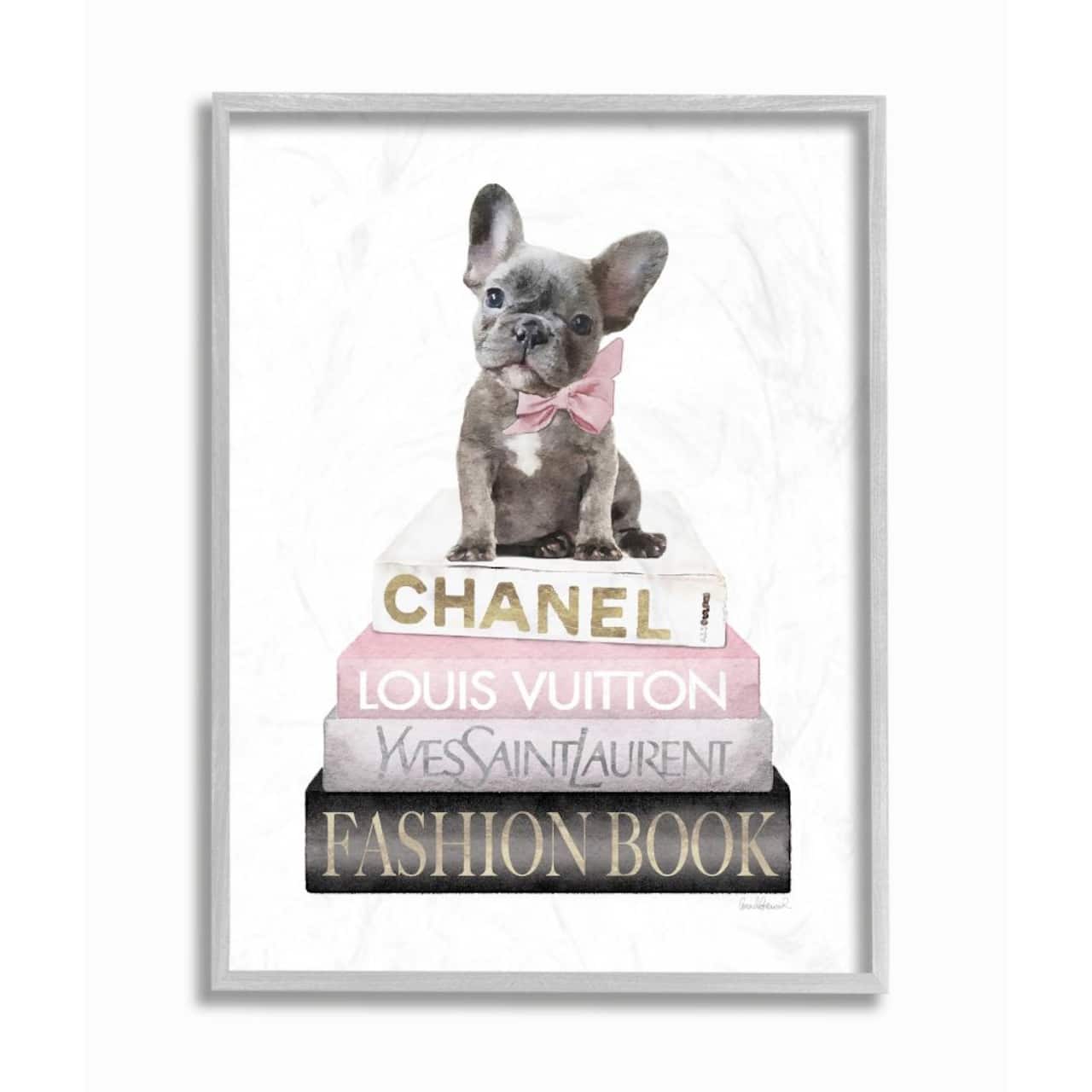 Stupell Industries Dashing French Bulldog and Iconic Fashion Bookstack Framed Wall Art